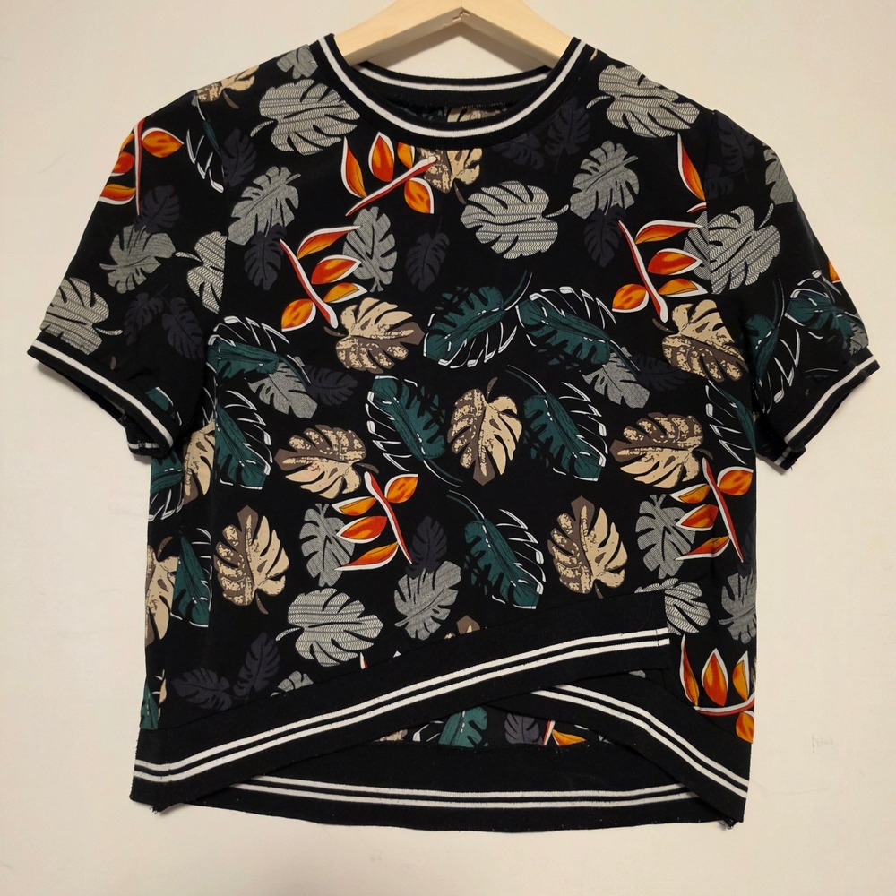 Yitexiu Tropical Floral Leaf Print Short Sleeve Crop Top Black Large